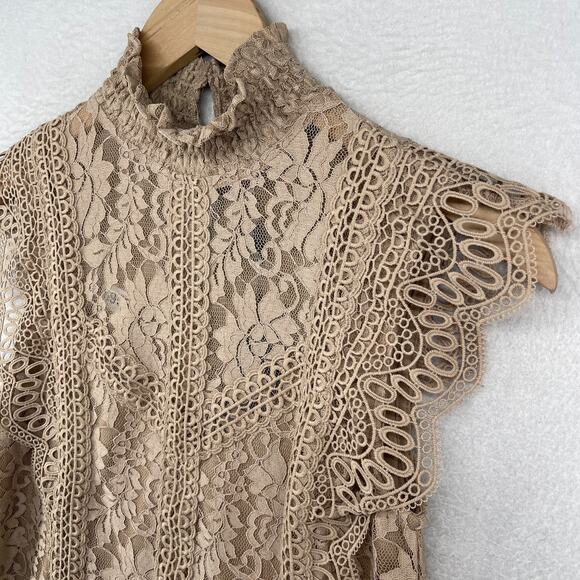 CABLE & GAUGE Tank Top XS Floral Lace Overlay Blouse Mock Neck Brown NEW - Picture 6 of 12